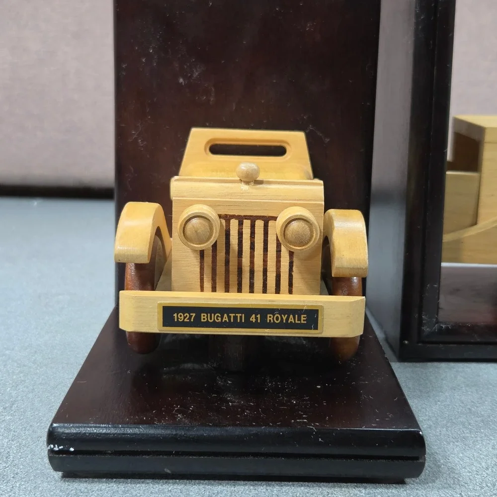 Bugatti 41 Royale Wooden Bookends Brown Excellent Vintage Classic Car